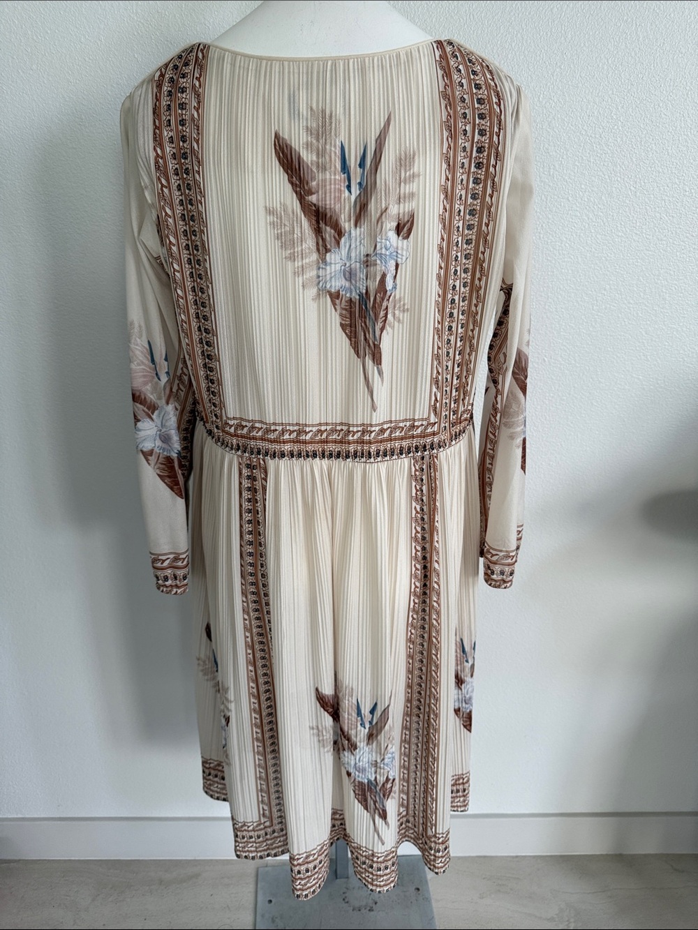 70sVtg Union Made Hal Ferman Boho Inspired Cream Long Sleeve Floral Dress Sz 12 - Picture 2 of 11